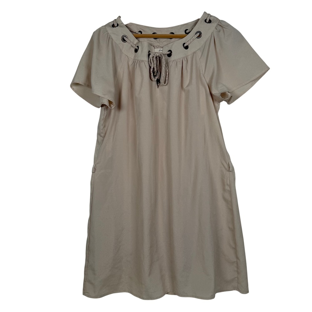 Twenty One Shift Dress Womens‎ Large Beige Boho Grommet Tie Neck Short Sleeve L